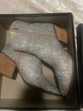 Betsey Johnson Iridescent Crystal Block Heel Ankle Booties